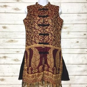 Asian Inspired Red and Gold BOHO Vest with Fringe